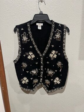 Yarnworks Embellished Black Beaded Vest Vintage Size XL Cotton Blend Beauty